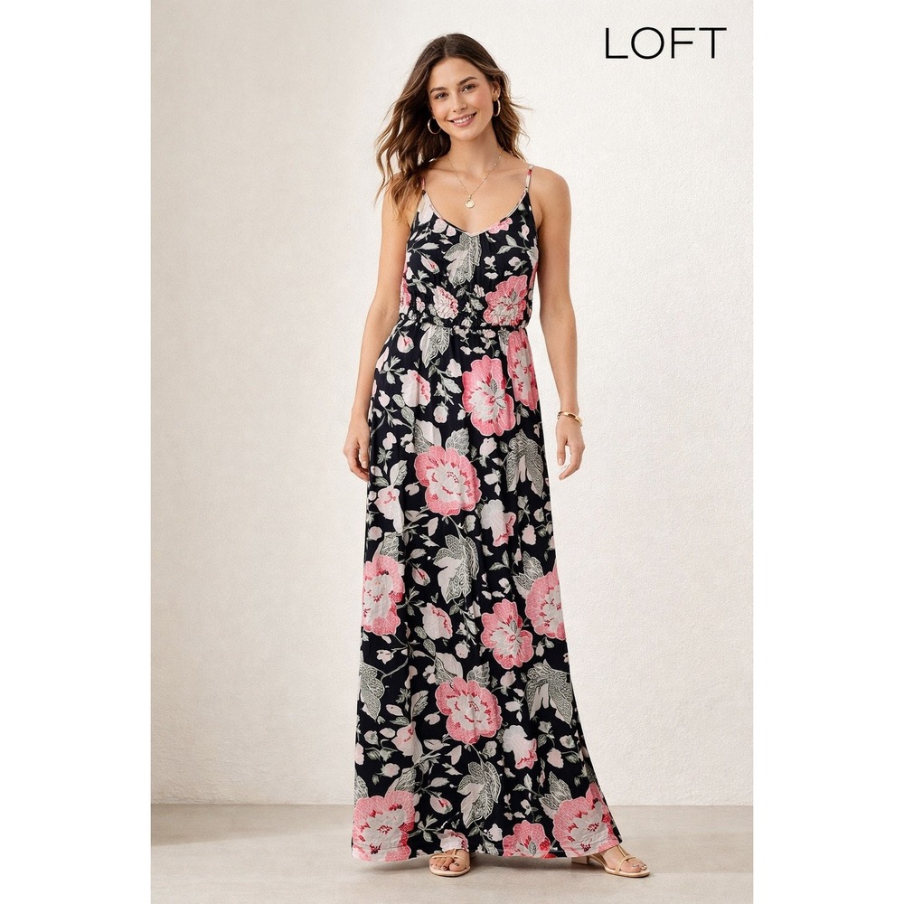 LOFT Womens Black Pink Floral‎ Maxi Dress Small Sleeveless  Crisscross Straps